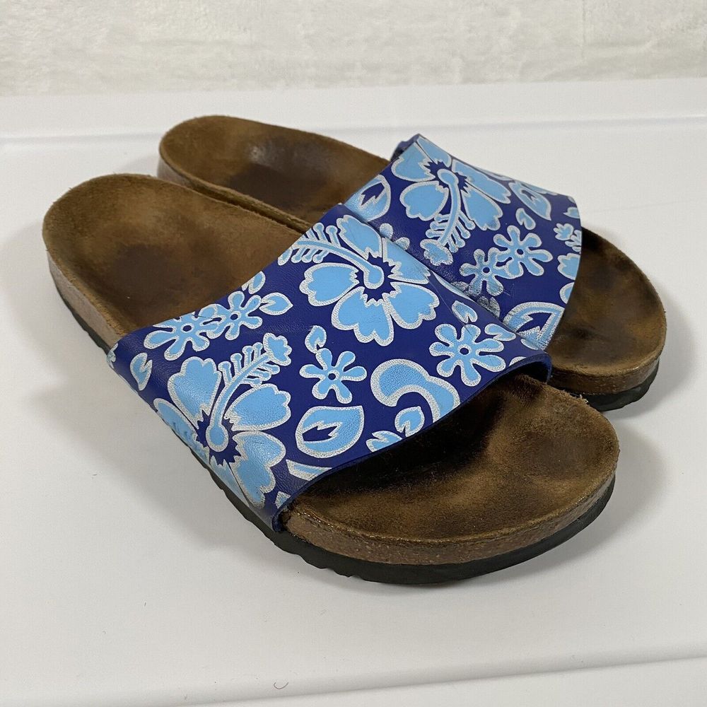 Birkis by Birkenstock Slide Sandals Blue Flower‎ Womens Size 38 Narrow W7